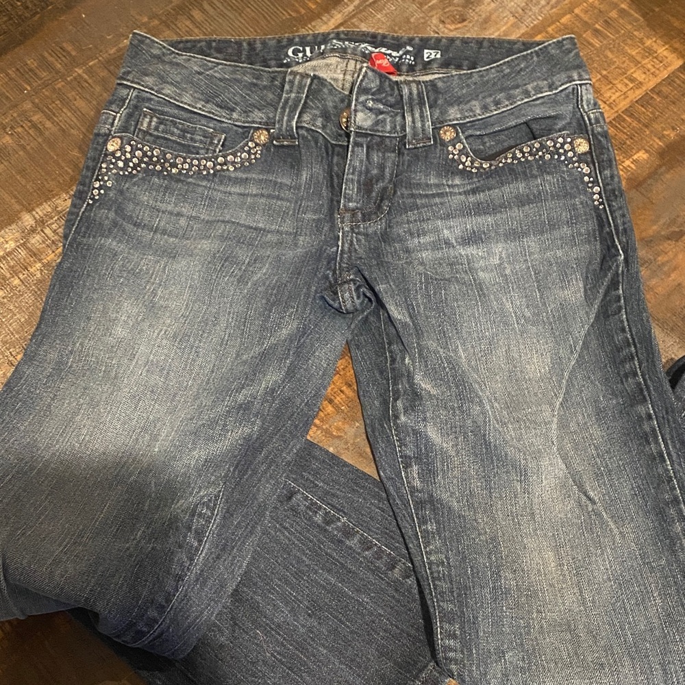 GUESS Women's Dark Blue Embellished bootcut jeans